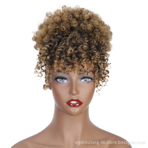 Vigorous Best Selling Wholesale Updo Ponytail Chignon With Bang Ombre Blonde Kinky Curly For Black Women Synthetic Afro Hair Bun